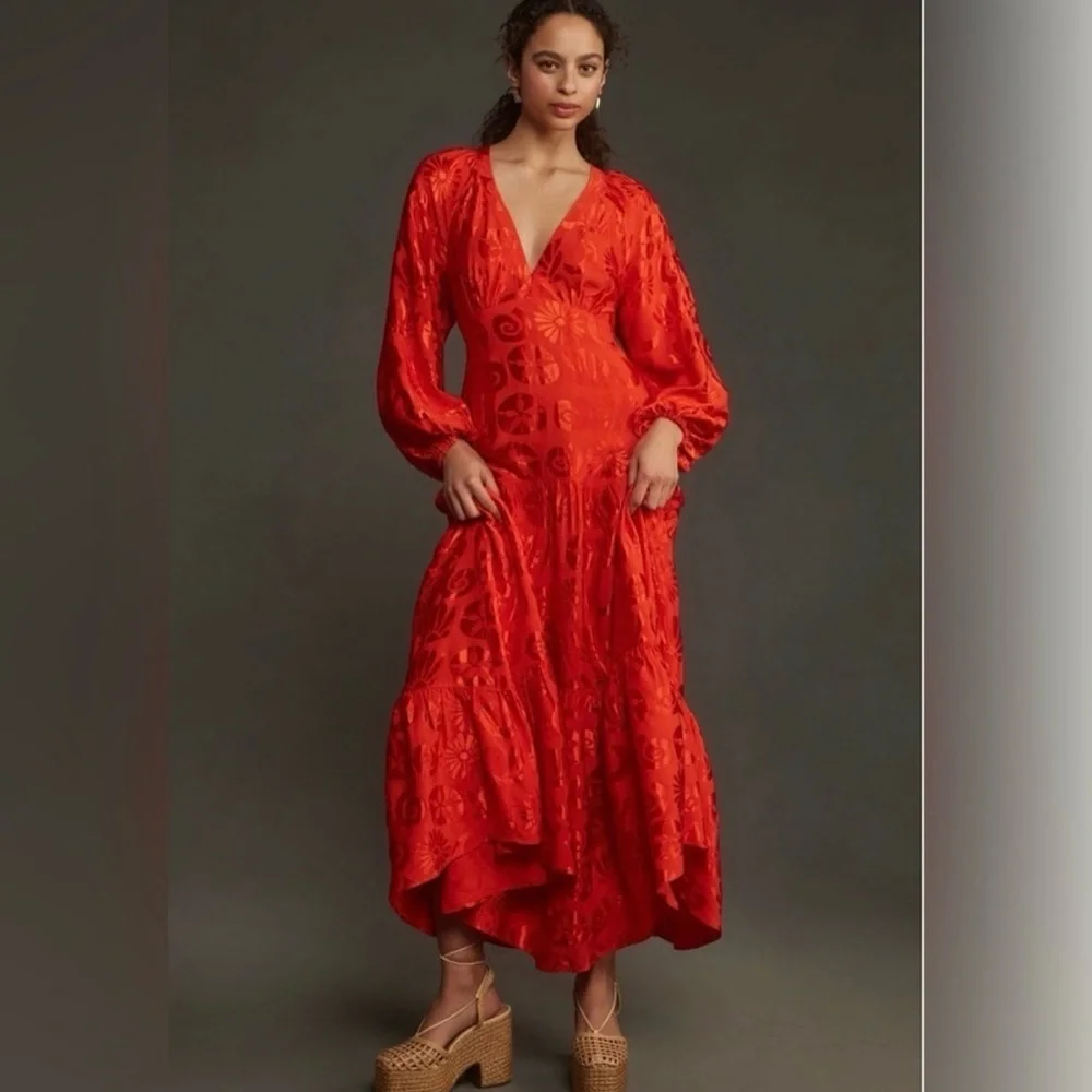Farm Rio Jacquard V Neck Maxi Dress in Orange - Picture 1 of 4